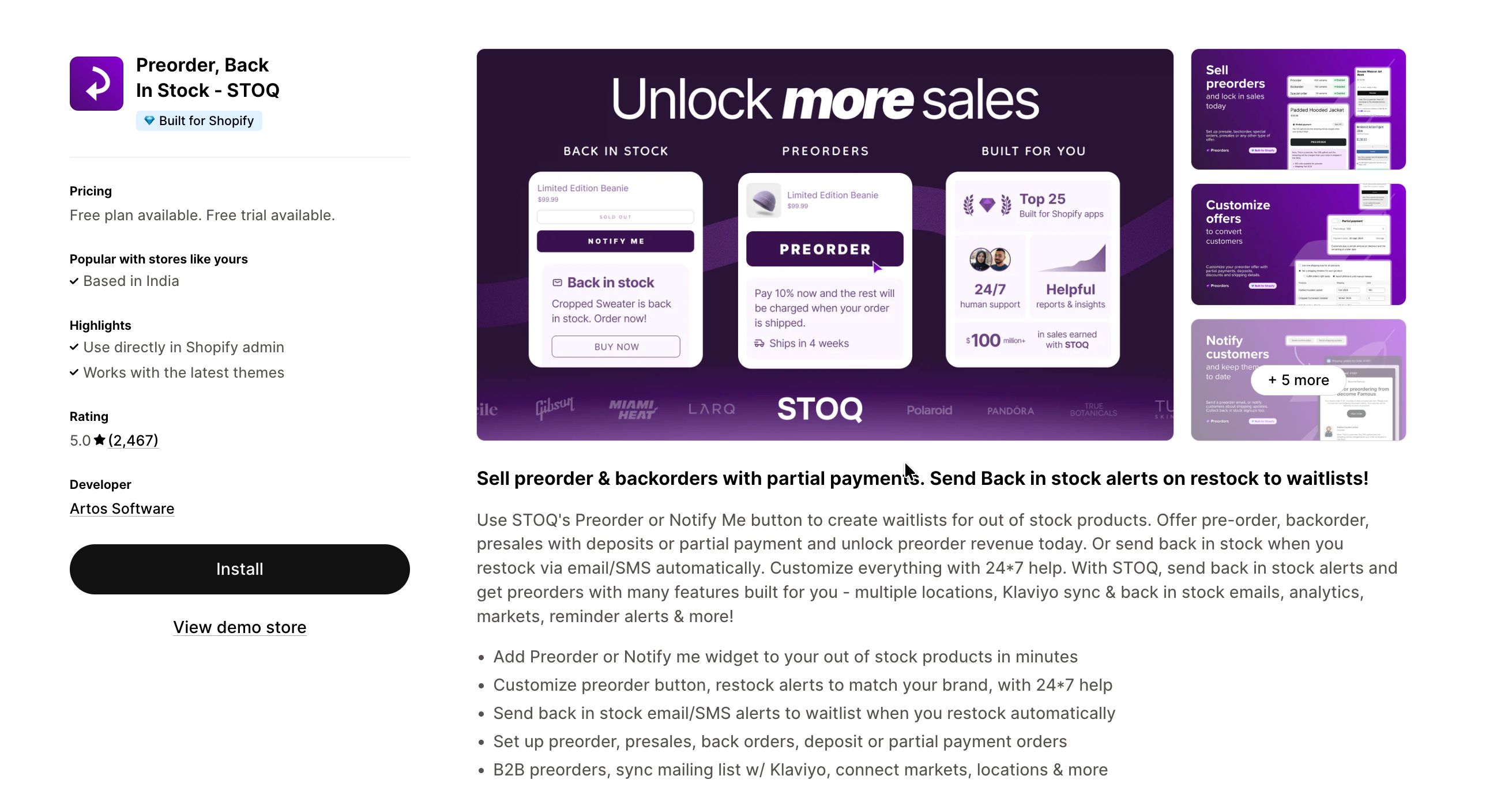 STOQ preorder app listing on Shopify app store