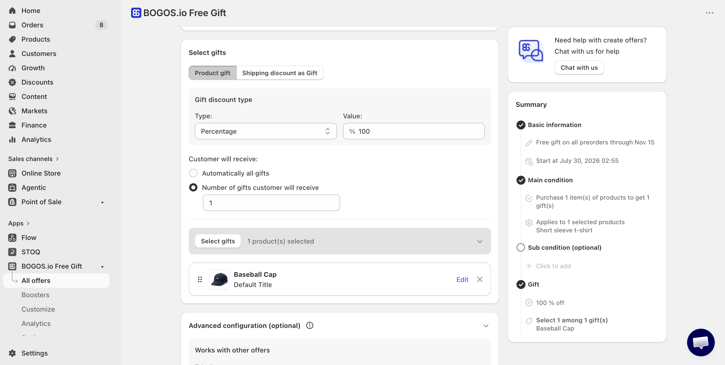BOGOS add free gift screen