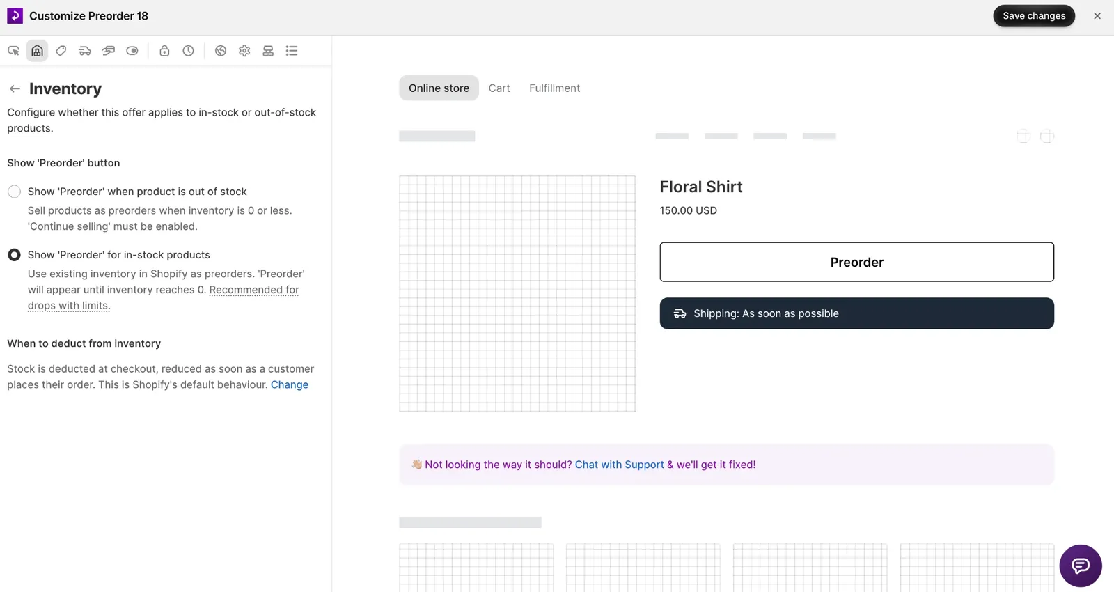 STOQ preorder offer editor Inventory panel with Show Preorder for in-stock products selected, so the Preorder button shows until Shopify inventory reaches zero