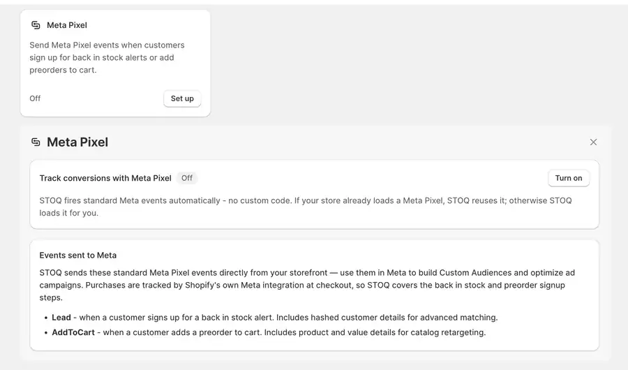STOQ Meta Pixel integration panel with a Turn on button, listing the Lead event sent for back in stock signups and the AddToCart event sent for preorders