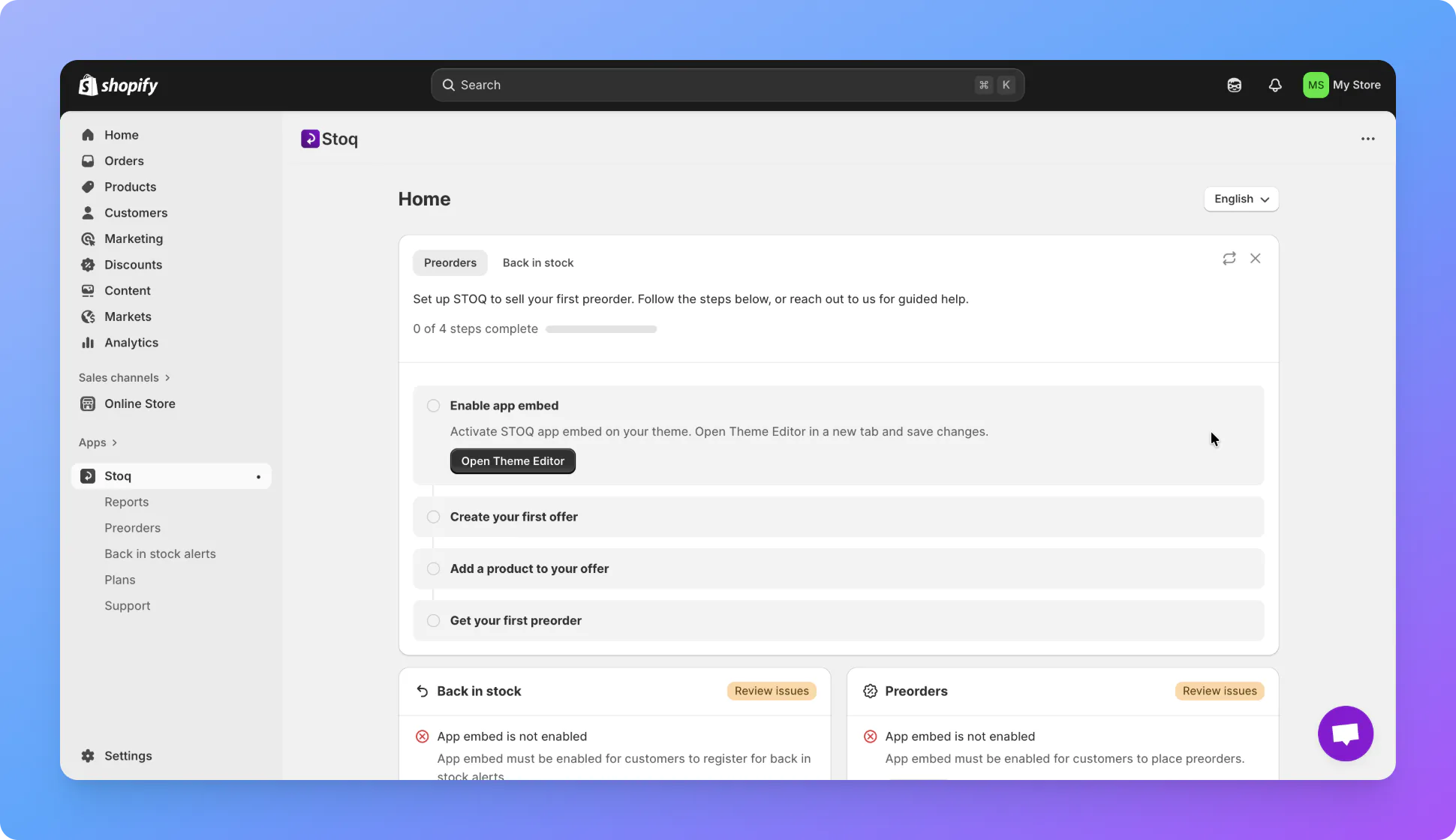 A screenshot from STOQ dashboard showing app embed option