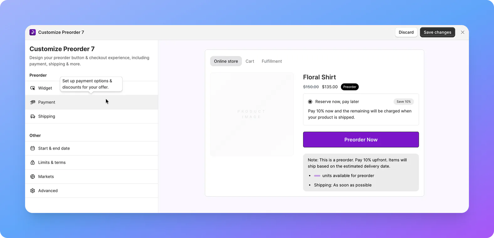 A STOQ app dashboard screen showing preorder editor