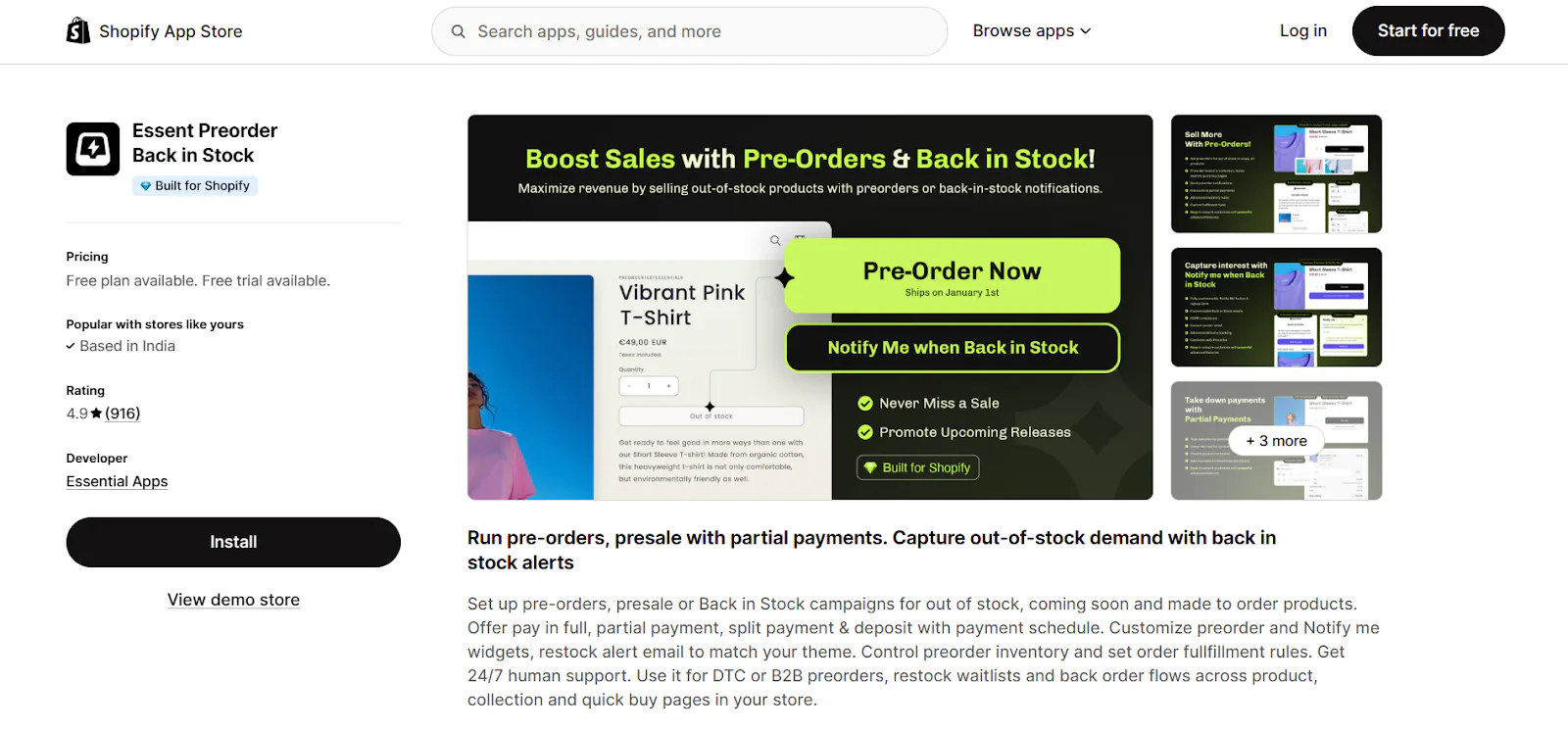 Essent app listing on Shopify app store