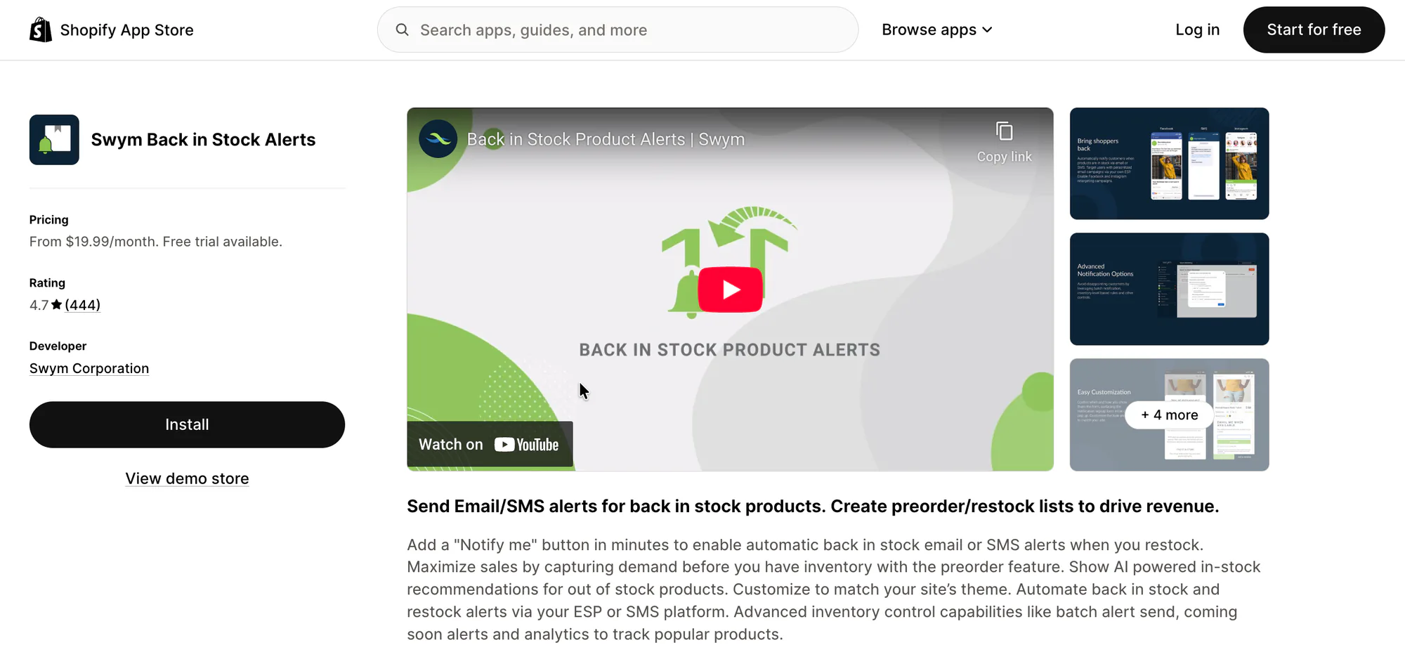 Swym app listing on Shopify app store