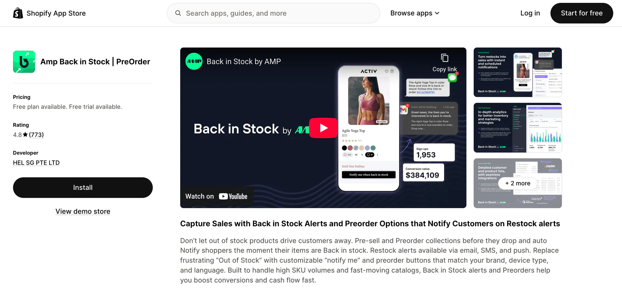 AMP app listing on Shopify app store