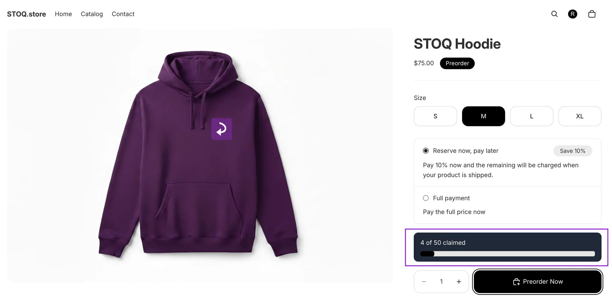Shopify store product page showing preorder limits as progress bar