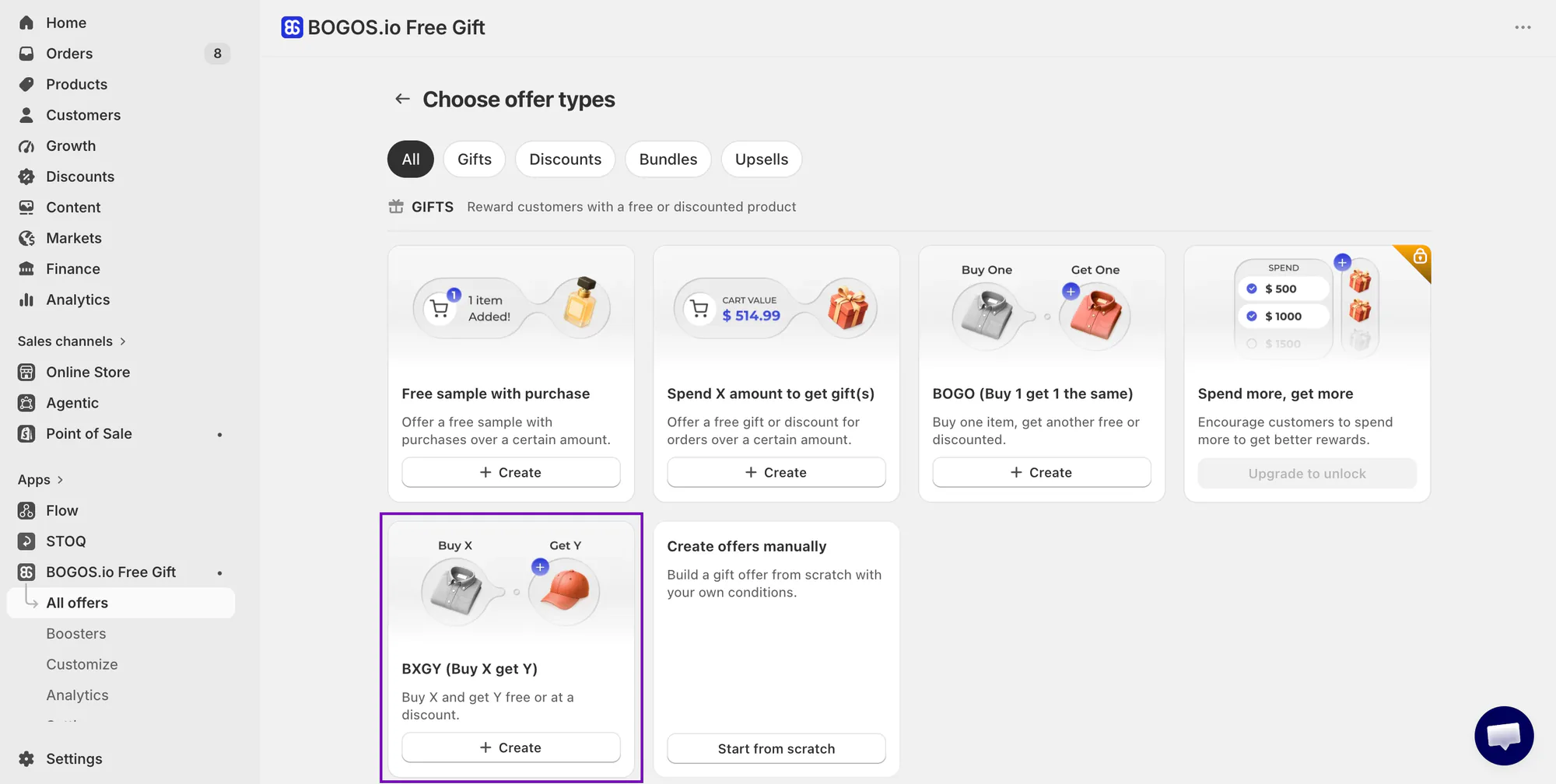 BOGOS choose offer types screen